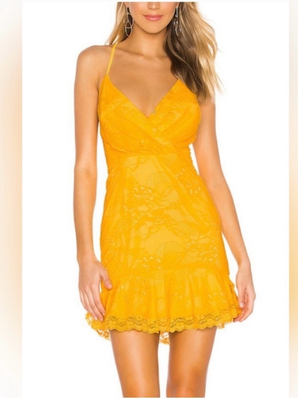 NBD Marilyn Ruffled Yellow Lace Spaghetti-Strap Mini Dress
